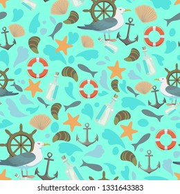 Sea marine seamless pattern with anchors , wheels, shels, fishes, bottles and  seagulls
