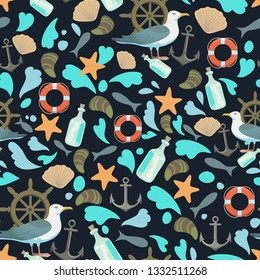 Sea marine seamless pattern with anchors , wheels, shels, fishes, bottles and  seagulls