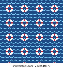 Sea marine seamless pattern. Design with anchor and Lifebuoy. Vector.