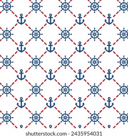 Sea marine seamless pattern. Design with anchor and Lifebuoy. Vector.