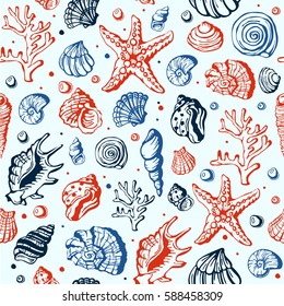 Sea marine shells, corals and starfish underwater life hand drawn vector seamless pattern background