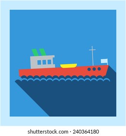 Sea marine ship icon photo frame card in flat style with long shadow. For transport shipment business, education, infographics and internet web site design