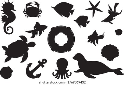Sea, marine silhouettes. Clip art set on white background