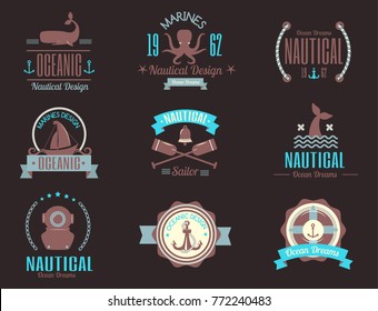 Sea marine vector nautical logo icons sailing themed label or with ship ribbons travel element graphic badges illustration.