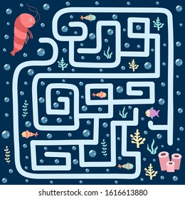 Sea maze game for kids. Help the shrimp find the way to her home. Underwater labyrinth worksheet. Vector illustration