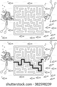 Sea maze for kids with a solution in black and white