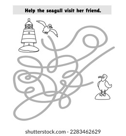 Sea maze for preschoolers. Educational puzzle game for children. Cute decorative seagulls, animal, lighthouse in cartoon style. Black and white vector illustration.