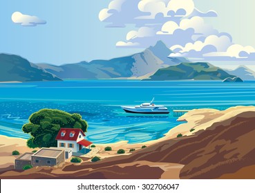 Sea Mediterranean landscape with yacht and countryside home.