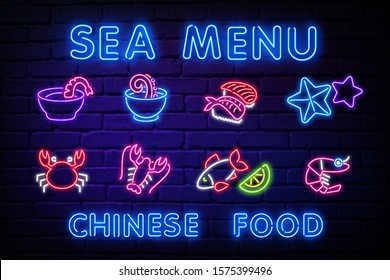 Sea menu neon icons set. Seafood collection neon signs. Bright signboard, light banner. Neon isolated icon, emblem, design tremplate. Vector Illustration