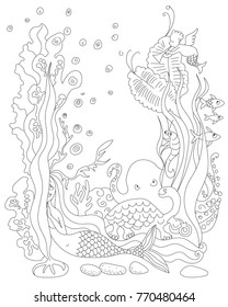 Sea mermaid and animals image background. Vector drawing illustration.