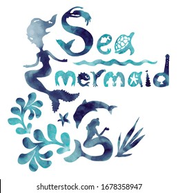 Sea mermaid illustration. With usage of hand made designed alphabet and other elements. Ocean life. Water nymphs.