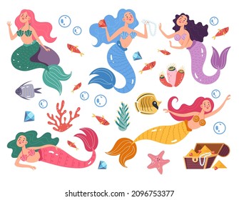 Sea mermaids characters on sea bottom with treasure isolated set. Vector flat graphic design cartoon illustration