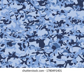 Sea Military Army Brush. Blue Camo Paint. Camo Dirty Canvas. Modern Blue Texture. Sea Urban Repeat Pattern. Sea Abstract Vector Camouflage. Blue Sky Camouflage Seamless Paint. Vector Sea Background