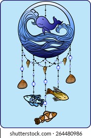 Sea mobile for children with fish, shells, pearls and whale. Hand drawn