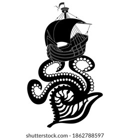 Sea mollusk Argonaut holding vintage sail boat ship on its tentacles. Black and white silhouette. Creative marine concept.	