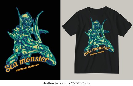 Sea monster, Adventure t-shirt design.