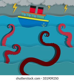 Sea monster attacking fighing boat illustration