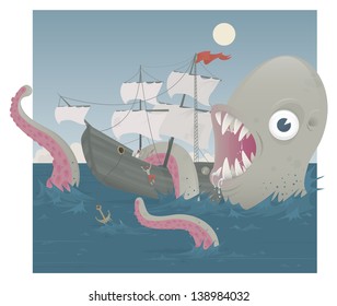 The Sea Monster! A monster attacking a sailing ship. Please note file is EPS 10.