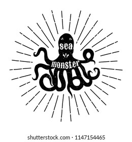 Sea monster burst light rays vector vintage illustration octopus tentacles ocean nautical isolated on white background 