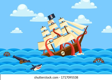 Sea monster drowns ships in bottles, ocean vector illustration. Creature s long tentacles carry pirate sailing ship under water. Predatory shark peeps out waves, cannon and helm floats