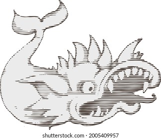 Sea monster. Engraving style. Design for t-shirt, poster, card, tattoo. 