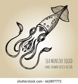 Sea Monster - Giant Squid. Hand drawn sketch vector