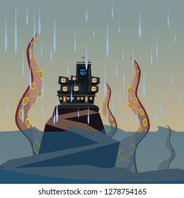 sea monster and house in ocean vector illustration 