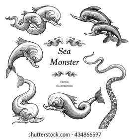 Sea Monster Illustrations in a vintage style. 