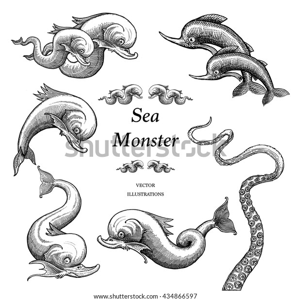 ビンテージスタイルの海の怪獣イラスト のベクター画像素材 ロイヤリティフリー