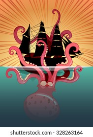 Sea monster and sailing ship illustration