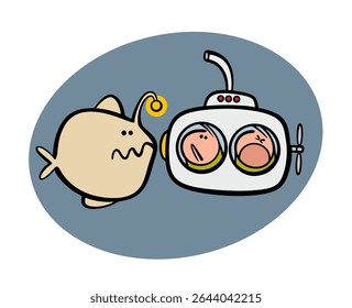 Sea monster and a submarine met at the depths of the sea.  Vector illustration of a scary huge fish with  lantern and frightened wayfarers on the ocean floor in the dark.