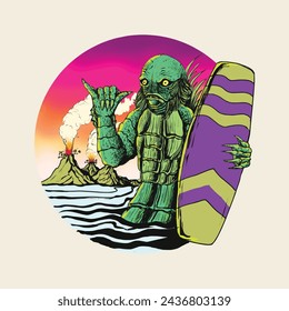 sea monster surfing beach chill mountain