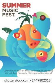 sea monster in tropical island and sea waves concept. summer music festival template poster vector illustration