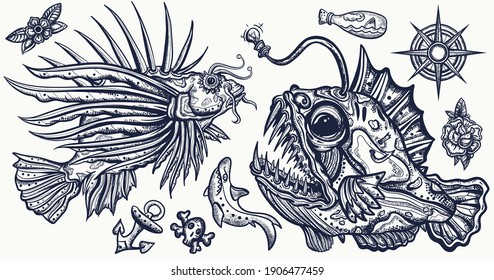 Sea monsters. Angler fish and lionfish, shark, compass. Underwater life. Deep water diving art. Treasures and life of ocean. Old school tattoo vector collection 