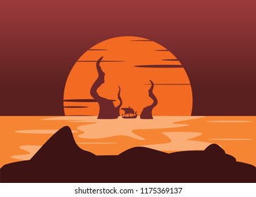 sea monsters and boat in ocean vector illustration
