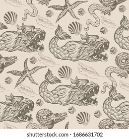 Sea monsters and fish. Vector abstract seamless pattern on the theme of travel, adventure and discovery and pirates. Vintage repeating background with hand-drawn images.