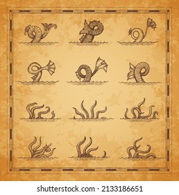 Sea Monsters, Octopus Or Squid And Ocean Creatures, Vector Vintage Marine Krakens. Sea Monsters Tails And Tentacles In Water Waves, Giant Fish Or Serpent Dragon And Nautical Cthulhu On Woodcut Scroll