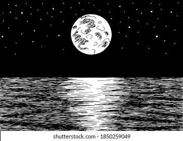 Sea with moon reflection. Black and white skyline graphic. Night seascape sketch illustration, vector.