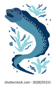 Sea moray eel cartoon character. A terrible fish with a long tail and spots on the back, an open mouth. Moray eel swims in water with algae and shells. Vector doodle illustration isolated on white