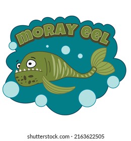 Sea moray eel cartoon character. A terrible fish with a long tail and spots on the back, an open mouth. Moray eel swims in water with algae and shells. Vector doodle illustration isolated on white
