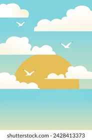 Sea in the morning and flying birds illustration poster. Childish art with flying seagulls among clouds