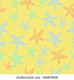 Sea  motif, doodles,  spots, starfish, ellipses, hole,  seamless pattern . Hand drawn.