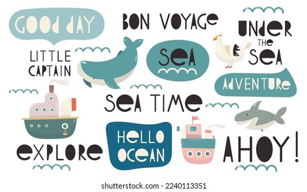 Sea Motivation Quotes Set for Kids Print. Nursery Lettering Phrases and Words Vector Illustration. Kids Nautical Clipart – Ship, Boat, Seagull, Whale, Shark