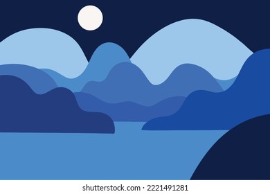 sea, mount and moon landscape illustration in flat design for nature background