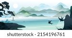 Sea and mountain landscape in chinese style background. Japanese watercolor painting with green hills, trees, chinese temple, boats, sun, birds Oriental wallpaper design for wall art, print, decor.