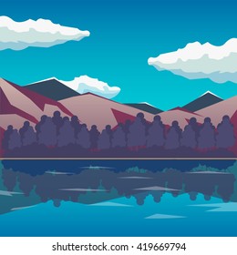 Sea and mountain landscape, neverending vector illustration, cartoon background for game design. Game location