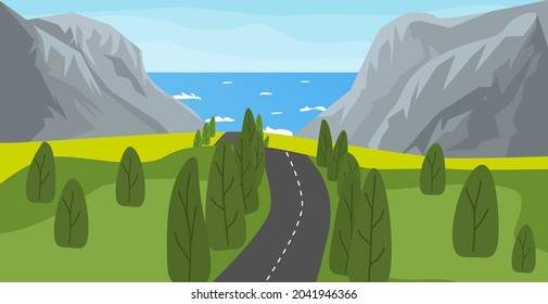 Ilustración vectorial del paisaje marino, montañoso y viario. Fondo natural. Autopista al océano.
