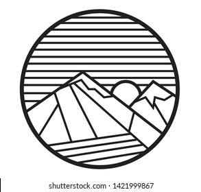 Sea and mountain with sun and sky in linear art style. Editable Clip Art.