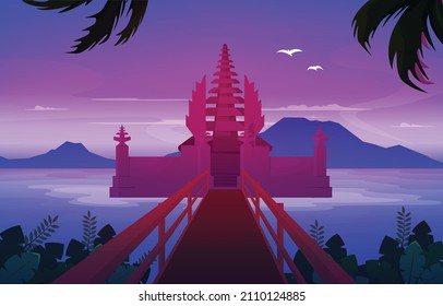 Sea Mountain Temple Beratan Lake Bedugul Bali Landscape View Illustration