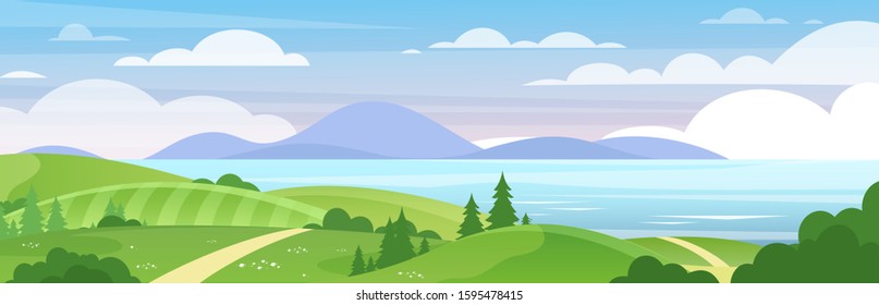 Sea and mountains landscape flat vector illustration. Beautiful summer nature view. Green hills with trees and blue mountain lake, sky with white clouds. Resort, recreational place for tourists.